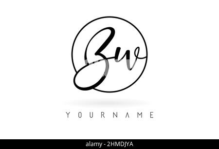 Handwritten letters Bw logo design with simple circle vector illustration. Creative icon with wired letters and circle frame. Stock Vector