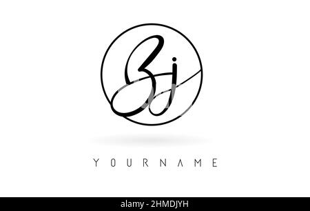 Handwritten letters Bj logo design with simple circle vector illustration. Creative icon with wired letters and circle frame. Stock Vector
