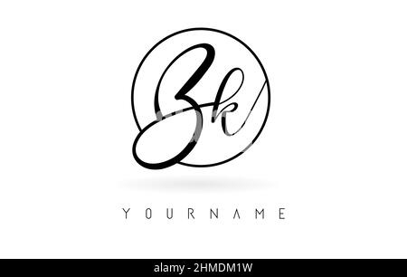 Handwritten letters Bk logo design with simple circle vector illustration. Creative icon with wired letters and circle frame. Stock Vector