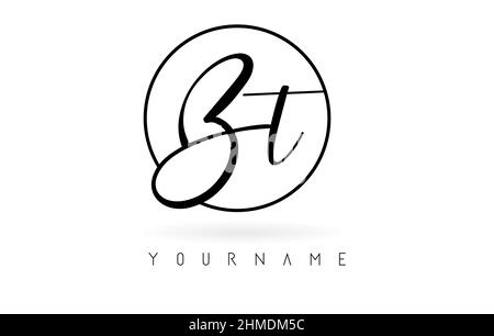 Handwritten letters Bt logo design with simple circle vector illustration. Creative icon with wired letters and circle frame. Stock Vector