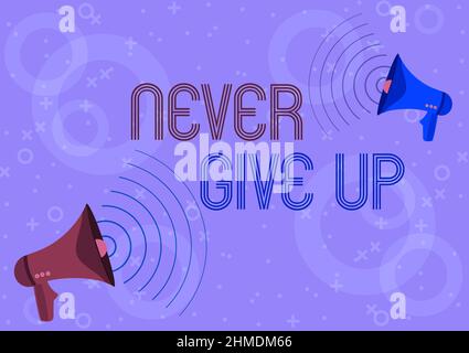 Text sign showing Never Give Up. Business showcase Keep trying until you succeed follow your dreams goals Pair Of Megaphones Drawing Producing Sound Stock Photo