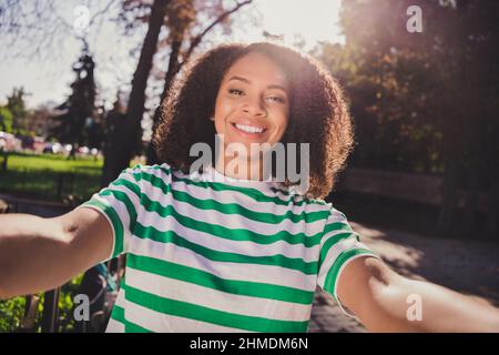 Photo of young lovely african woman have fun make selfie record video vlogging trip journey outdoors Stock Photo