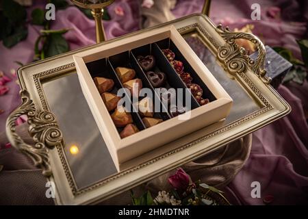 Handmade chocolate praline. Box with delicious candies Stock Photo