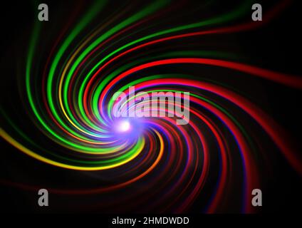 An illustration rendered in 3d of intense colorful light rays radiating from a bright spot against a black background. Stock Photo