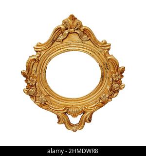 Oval blank shabby antique gold color frame isolated Stock Photo