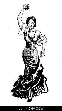 Beautiful Flamenco dancer. Ink black and white drawing Stock Photo