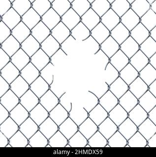 Ripped fence rabitz chain link seamless pattern. Vector background of metal wire mesh, steel grid or net with hole and wire cuts in the center, broken Stock Vector