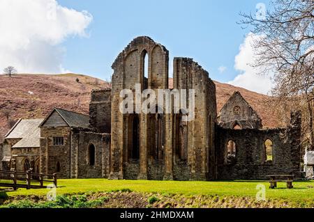 The remains of the front of the Eastern windows in the church of 13th century Valle Crucis Abbey ruins, founded in 1201 by Madog ap Gruffydd Maelor Stock Photo
