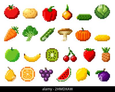 Retro pixel art food isolated icons with 8bit pixel fruits and vegetables. Vintage 8 bit console game asset, computer arcade vector items set with ber Stock Vector