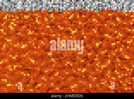 Lava magma pixel blocks pattern cubic game vector background. 8bit pixel lava level or magma underground mine craft, hell with red fire of volcano bur Stock Vector