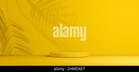 Showroom with cylindrical stand on yellow background for displaying products Stock Photo