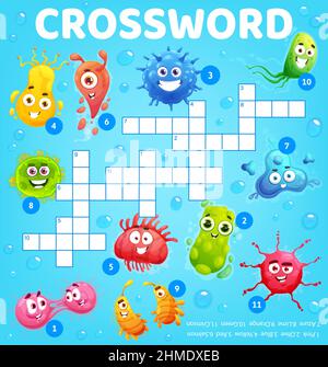 Cartoon microbe, virus, germ and pathogen characters crossword worksheet, find a word quiz game. Vector search puzzle for children educational, recrea Stock Vector