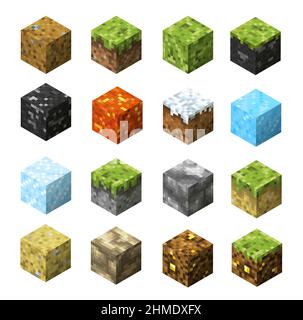 Pixel game blocks of grass, stone, ice and water, sand, lava, coal and golden ore patterns. Isometric vector craft cubes or boxes of mine resources an Stock Vector