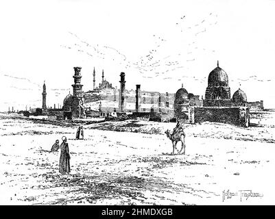 Black and White Illustration; Tombs of the Mamelukes and the Citidel, Cairo, Egypt, 1890s Stock Photo