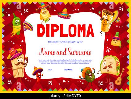 Kids diploma with cartoon mexican jalapeno and avocado, nachos and tacos, tamales and enchiladas characters. Children certificate, school graduation d Stock Vector