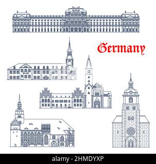 German cathedrals and churches in Brandenburg and Wurzburg, vector architecture buildings. Germany Saint Catherine church and Gotthardtkirche, Bishop Stock Vector