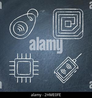 RFID tag and microchip icon set on chalkboard. Radio frequency identification, electronic scanner symbols. Vector illustration. Stock Vector