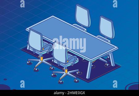 Four Isometric Office Chairs on Wheels and Modern Table with Four Legs. Vector Illustration. Desk Chairs. Furniture for Interior. Empty Desk. Stock Vector