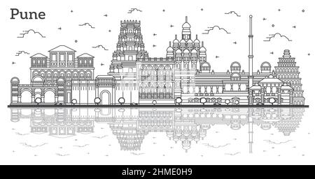 Outline Pune India City Skyline with Reflections and Historic Buildings Isolated on White. Vector Illustration. Pune Maharashtra Cityscape. Stock Vector