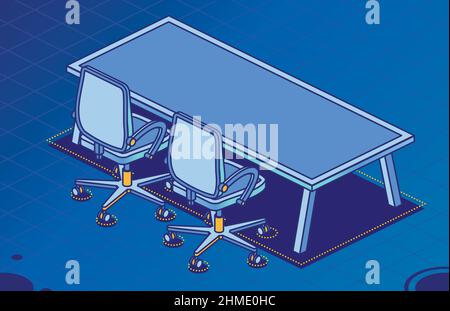 Two Isometric Office Chairs on Wheels and Modern Table with Four Legs. Vector Illustration. Outline Desk Chair Icon. Furniture for Interior. Stock Vector