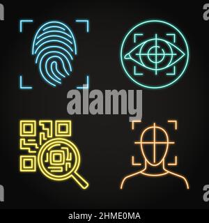 Neon biometric scan and QR code icon set in line style. Vector illustration. Stock Vector