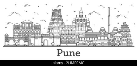 Outline Pune India City Skyline with Historic Buildings Isolated on White. Vector Illustration. Pune Maharashtra Cityscape with Landmarks. Stock Vector