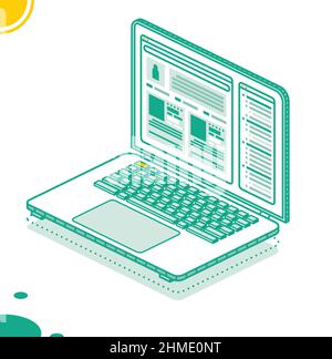 Isometric Laptop Isolated on White. Creating a Site Layout. Vector Illustration. Website Interface. Stock Vector