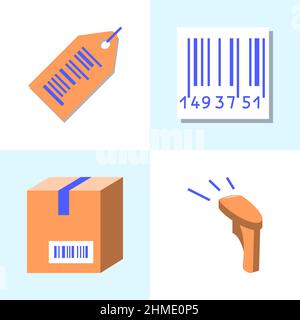 Barcode tags and scanner icon set in flat style. Vector illustration. Stock Vector