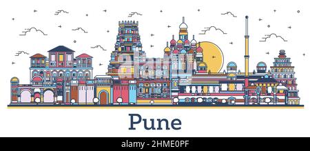 Outline Pune India City Skyline with Colored Buildings Isolated on White. Vector Illustration. Pune Maharashtra Cityscape with Landmarks. Stock Vector