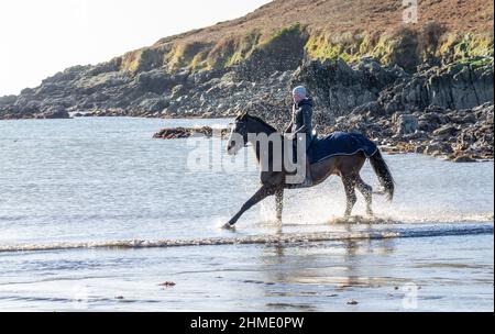 Woman in Silhouette or backlit riding horse through surf Stock Photo