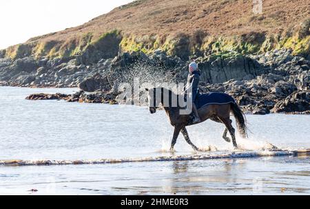 Woman in Silhouette or backlit riding horse through surf Stock Photo