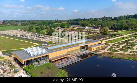 Aerial view of the site. Royal Horticultural Society Visitor Centre, Worsley, Salford, United Kingdom. Architect: Hodder & Partners, 2021. Stock Photo