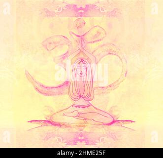 woman meditating  - artistic vintage card with a OM symbol and a beautiful girl Stock Photo