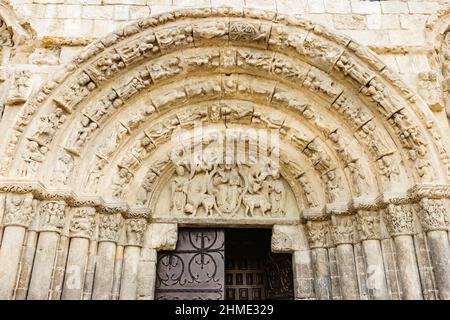 Estella Lizarra, Spain. September 21, 2019. Romanesque portal in Church of San Miguel Stock Photo