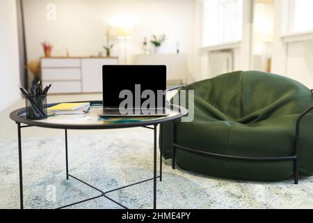 Modern Laptop With Black Empty Screen On Table, Mockup Stock Photo