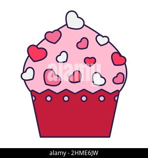 Retro Valentine Day icon cupcake with hearts. Love symbol in the fashionable pop line art style. The cute muffin is in soft pink, red, and coral color Stock Vector