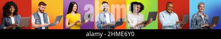 Online Business. Set Of Diverse Multiethnic People With Laptops Over Colorful Backgrounds Stock Photo