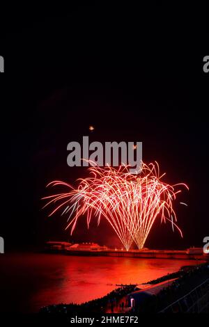 Fireworks on Cromer Pier, Norfolk. New Years Day 2022 at 5.00 p.m. Stock Photo
