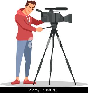News camera operator semi flat RGB color vector illustration Stock Vector