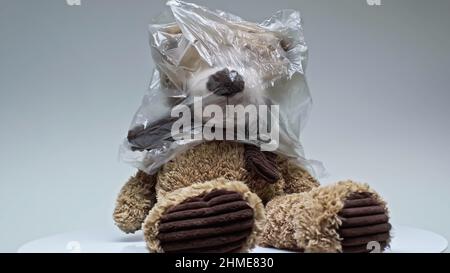 plastic bag on teddy bear isolated on grey Stock Photo