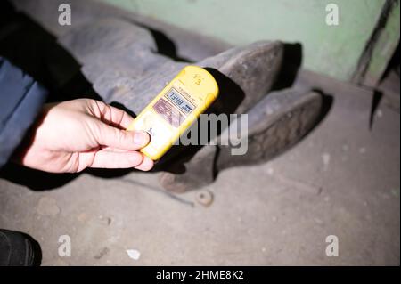 Clothing worn by the firefighters who responded to the explosion at the Chernobyl Nuclear Power Plant in the basement of the hospital in Pripyat. Stock Photo