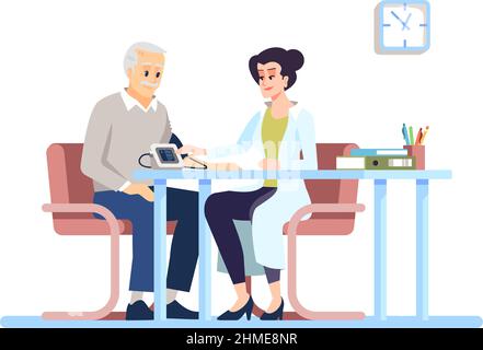 Checking elderly patient blood pressure semi flat RGB color vector illustration Stock Vector
