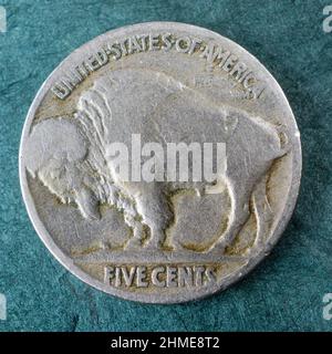 Old and worn Buffalo nickel coin from USA Stock Photo