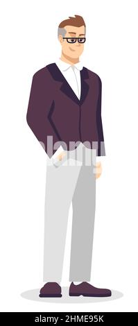 Mature employee wearing glasses semi flat RGB color vector illustration Stock Vector