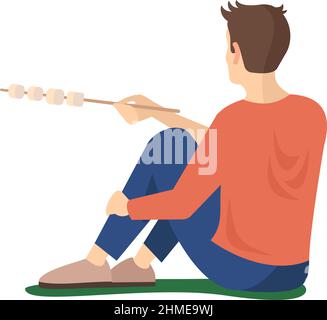Toasting marshmallows over fire outdoors semi flat RGB color vector illustration Stock Vector