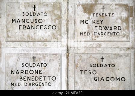 Veneto, Italy, Fagarè della Battaglia. WWI Italian Memorial. The shrine was built in the Fascist period, it contains the remains of 5,191 identified soldiers and 5,350 unknown soldiers who died on the Piave front. Also rests here an officer of the American Red Cross, Lieutenant Edward McKey, friend of the writer Ernest Hemingway. Stock Photo