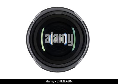 close front view of a camera lens with reflections, on white background Stock Photo