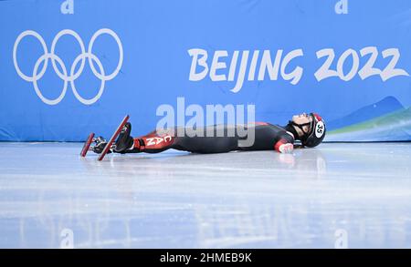 Beijing, China. 9th Feb, 2022. Kim Boutin of Canada falls onto the rink during the women's 1,000m short track speed skating heats at Capital Indoor Stadium in Beijing, capital of China, Feb. 9, 2022. Credit: Li Ga/Xinhua/Alamy Live News Stock Photo