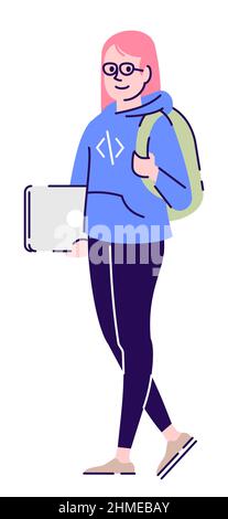 Smart young woman wearing glasses semi flat RGB color vector illustration Stock Vector