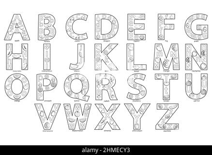 Cute illustrated alphabet with fruits and vegetables. Stock Vector
